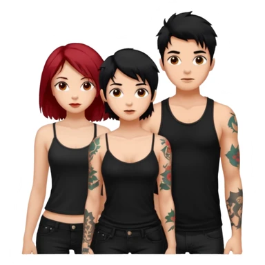 generate a fair boy with messy black hair, tattoos. standing beside a fair black haired girl wearing a black cami top and a tan girl with red hair sticker