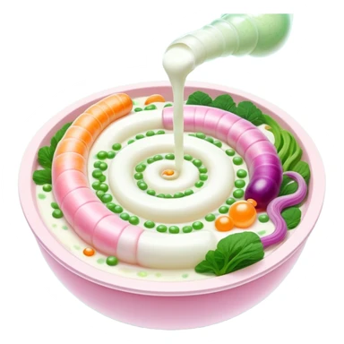 Ethereal bowl of bright white yogurt, translucent fermented vegetables, and golden bubbles gently floating around a luminous spiral intestine, vibrating in green and pink tones of balance and life. The scene shows probiotic foods connecting with and nourishing a glowing digestive system. sticker