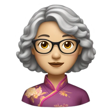 Chinese lady with shoulder length very lightly grey waves hair wear glasses with Chinese dress sticker