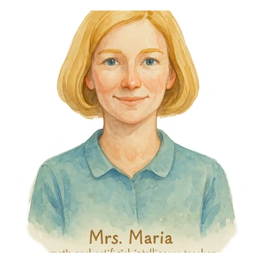 watercolor style Mrs. Maria, math and artificial intelligence teacher, no glasses, thin nose, blonde eyebrows, blonde bob hair, blue eyes sticker