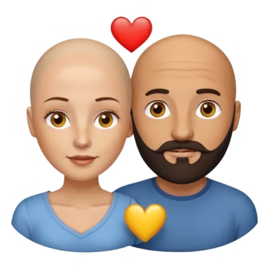 Couple. Bald man with dark brown-black beard. White woman with many small, faded freckles, white skin and she has auburn-yellow-brown-caramel, dark hair. She has light yellow-brown eyes. The man have hazel eyes. They are inside a big heart. sticker