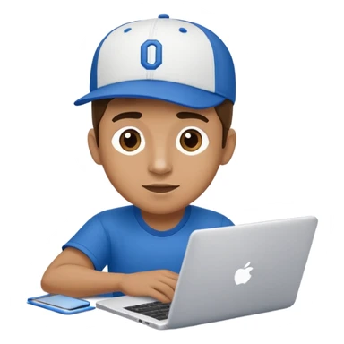 men with a blue white colored baseball cap which spells "On it!" seen from the side working on a laptop. Laptop cover spells "On it". sticker