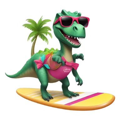 Dinosaur on a surfboard wearing a tutu and sunglasses sticker