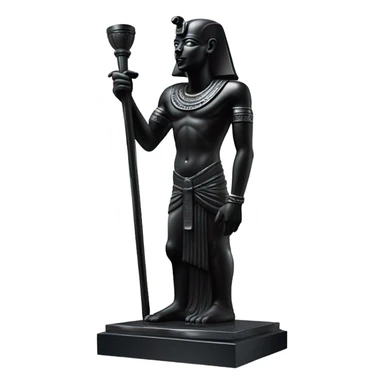 Osiris crook and flail obsidian statue on granite 30 ton brick, massive size, sunlight behind, sunset colors, reflections on black stone polished clean perfect, photography angles sticker