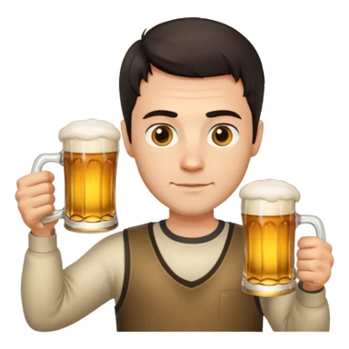 nordic man with short dark hair sitting and holding two mugs of beer sticker