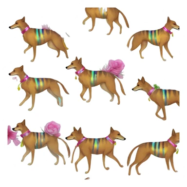  brindle brown black maroon striped lurcher Alsatian fox running blue eyes and iridescent holographic oilslick harness wearing paper iridescent tropical flower crown yellow caution tape sticker
