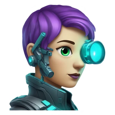 Secret human agent with  cyberpunk elements with a spyglass scanning looking reviewing multicolor lines of code, cyan and purple colors, only upper body portrait sticker