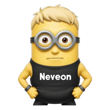 A buff minion wearing a black t shirt top with the words “never GOON” on the shirts chest area sticker