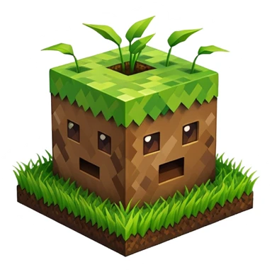 A 3D Apple-style emoji of a Minecraft grass block, cubic shape, with bright green grass on top and brown soil with pixel texture on the sides, simple and cute cartoon design. sticker
