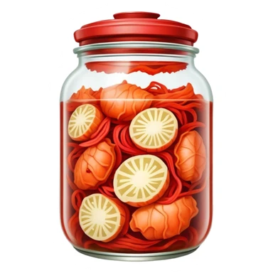 Kimchi Cinematic Realistic Kimchi Dish Emoji, depicted as spicy, fermented cabbage with vibrant red hues neatly served in a traditional jar, rendered with dynamic textures and bold, appetizing lighting. sticker