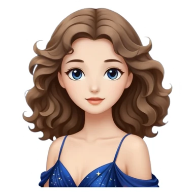 A stunning girl with sparkling eyes, radiant complexion, and a graceful pose. Her hair is styled in loose waves, and she's wearing an elegant evening gown under a starry night sky sticker