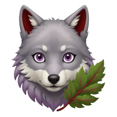 A wolf with lilac gray eyes and holding a weirwood leaf sticker