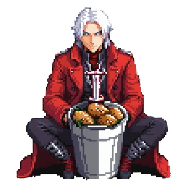 Dante from Devil May Cry sitting in a KFC bucket, red coat, white hair, rebellion sword sticker
