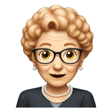 Old lady that is teacher with short red hair that is relly hawi with pearls around her neck and small bag sticker