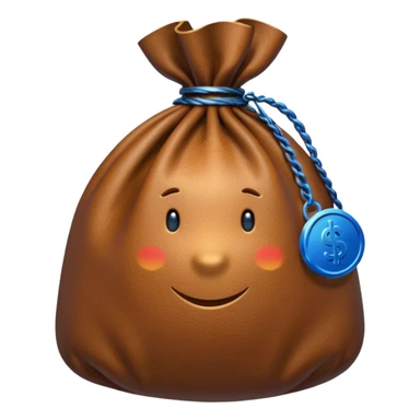 brown money bag with a blue coin  sticker