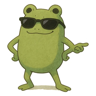 cool bean character with frog features, wearing sunglasses, confident and playful sticker