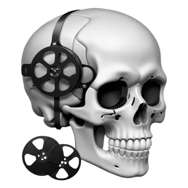 Minimalist emoji-style sticker of a human skull in profile, with a film reel replacing the brain. Grayscale icon with bold silhouette.
 sticker