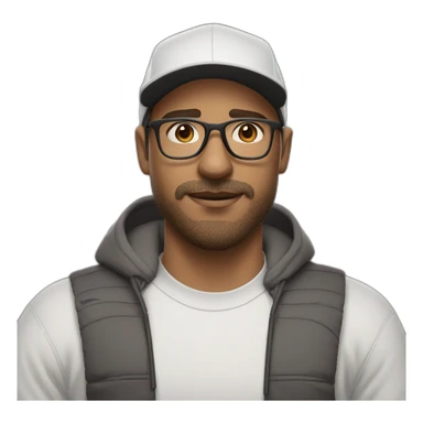 White man,brown hair, brown beard, thick eyebrows, black sight glasses. Big nose. Half closed brown eyes. Wearing a Nike cap sticker