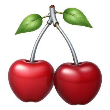 A pair of cherries emoji made of polished silver chrome, smooth rounded shapes, glossy metallic finish, soft highlights and reflections, cute proportions, iOS emoji style, centered, clean white background, no text sticker