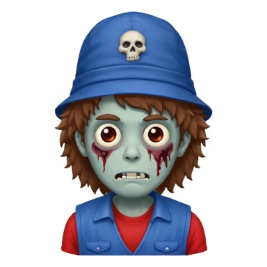 brown fluffy hair zombie with blue and white hat dark blue jilet red t shirt sticker