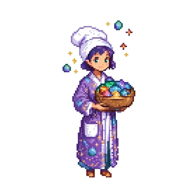 Portrait of a surreal baker floating among stars, wearing a galaxy-patterned robe, holding stardust ingredients, skeuomorphism style sticker