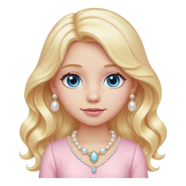 girl emoji with long wavy light golden platinum blonde hair, light blue eyes, pale bright peachy-pink skin tone, wearing a light pastel pink fancy outfit #f3c3cf, pearl hair clip, and light gold jewelry sticker