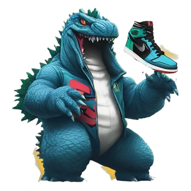 Godzilla in graffiti  style, holding Nike Air Jordan 1 sneakers in her hands sticker
