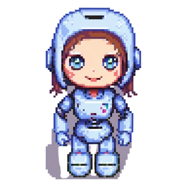 shoulders-up portrait of a cute, friendly female recruiter robot in 8-bit pixel art style, big expressive eyes, smiling, one hand raised as if presenting, less mechanical and more character-like sticker