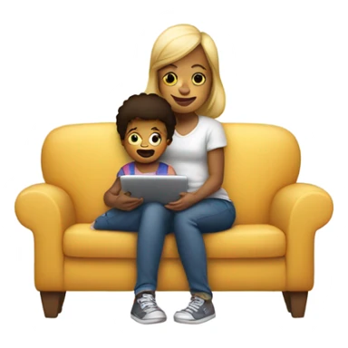 young kid sitting on mothers lap on sofa on the ipad sticker
