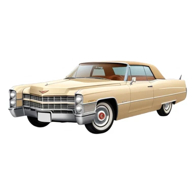 Classic beige 1966 Cadillac DeVille at perfect 30-degree angle, showing detailed front end and sleek side profile, elegant vintage luxury car from Once Upon a Hollywood, iOS emoji style sticker