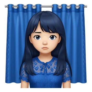 Long hair asian girl with curtain bangs with a blue lace top on with sad expression sticker