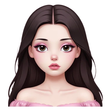girl with white skin, dark brown long straight hair with middle part falling in front of her body, very big pouty extra shiny lips with absolutely no cupid's bow, big round shiny eyes with black eyeballs and huge eyelashes, no eyeshadow, pink blush on cheeks, lighter button nose, very long oval-shaped face, wearing a pink off-shoulder top, looking directly at camera with hands down at sides sticker