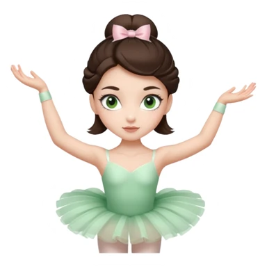 Realistic Ballerina Portrait, with porcelain-like skin featuring a natural rosy flush, illuminated by soft lighting that highlights the gentle contours of her face. Her Brunette hair flows in soft.Her deep green light eyes radiate framed by arched brows and long lashes. sticker