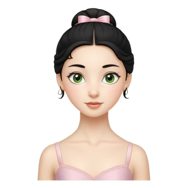 Cinematic Realistic ballerina Medium Blue Portrait, depicted with lifelike skin texture, subtle rosy undertones, and soft natural lighting that enhances the gentle contours of her face. Her intricately detailed sweet black hair is elegantly styled, green eyes sticker