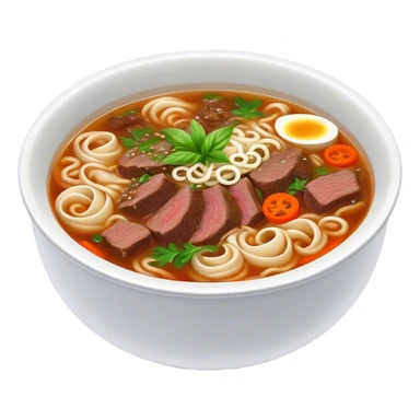 Cinematic Realistic Pho Dish Emoji, depicted as a steaming bowl of aromatic beef noodle soup with herbs rendered with lifelike textures and vibrant, warm lighting. sticker