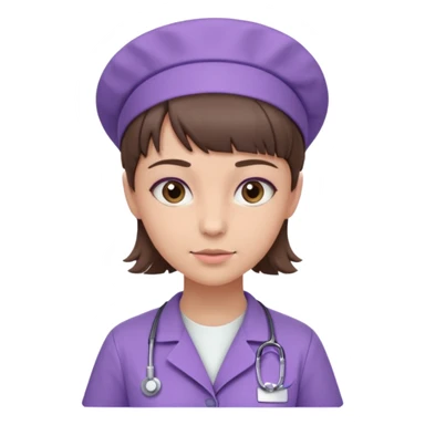 A young female slim nurse with short Brown hair with fringe over her forehead, wearing larvendar purple working cloth sticker