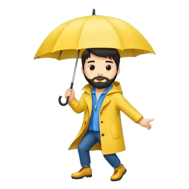 A dark-haired boy with a white beard dancing with an umbrella in the rain sticker