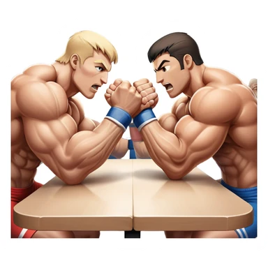 Two strong competitors locked in an intense arm wrestling match, muscles tensed as they battle for victory. The table is well-lit, showcasing their focused expressions and powerful arm grips. The background features a competitive arena with a cheering crowd. Transparent background. sticker