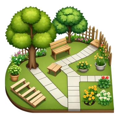 Icon for Landscape Design: a garden layout with trees, plants, pathways, and outdoor furniture, along with design tools like a ruler, pencil and sketchpad. The icon should represent the creativity and planning behind landscape design. Transparent background. sticker