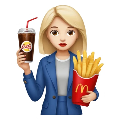 a young woman full length with cola in one hand and french fries in the other hand and a painting under her arm sticker