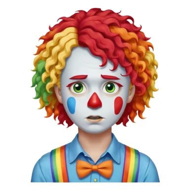 Rainbow-colored curly wig (red, yellow, green, and blue).

White face paint with blue eye makeup and a red nose.

Wearing orange suspenders over a blue shirt.

Sad, frowning expression. sticker