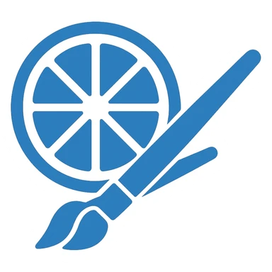 Redesign the green icon with citrus and paintbrushes in a very simple, flat color clip art style. Use minimal shapes, blue as the main color, inspired by the blue folder and app icons provided. No text, transparent background. sticker