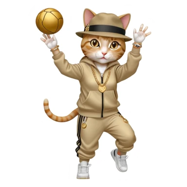 female cat wearing Run DMC hip-hop outfit with tracksuit, fedora, Adidas sneakers, many gold chains, rings, bracelets, flashy earrings, reaching up and catching a ball high in the air, no sunglasses sticker