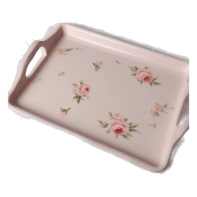 Light pink glass serving tray with handles, shabby chic style with floral print sticker