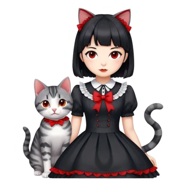 girl wearing black Lolita style dress, with medium-length black hair with red tips, and a gray American Shorthair tabby cat sticker