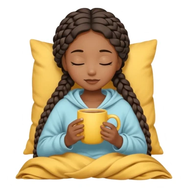 black girl with eyes closed, long braids, light bow in hair, light beige blanket, holding a yellow mug, soft cute emoji style sticker