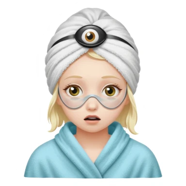 scared girl with bath towels and eye mask sticker