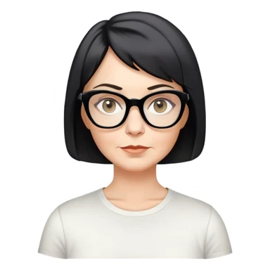 white woman, about 50 years old, light warm skin, short black bob haircut with slight waves at ends, neutral-determined expression, large black shiny butterfly or cat-eye glasses, white casual t-shirt, calm and creative energy sticker