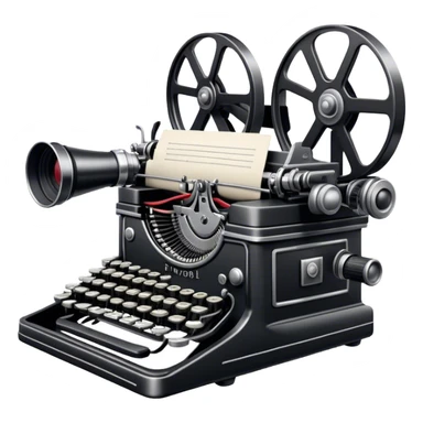 Create an emoji representing screenwriting. The design should feature an open script with visible dialogue and action lines, symbolizing the writing of a screenplay. Add a movie camera next to the script to emphasize the cinematic aspect of screenwriting. Include a classic typewriter to signify the process of creating a script. Use a professional color palette with black, white, and subtle metallic tones. Do not include any emojis or smiley faces. Make the background transparent. sticker