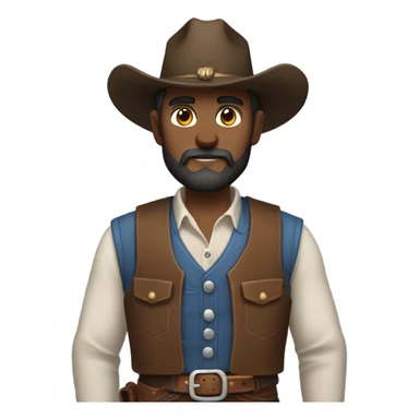 a rugged cowboy with a thick beard, wearing a blue vest over a classic western shirt and a brown belt with a silver buckle. He should have a confident stance, showing full torso sticker